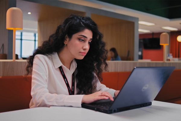 female employee working at the lounge area